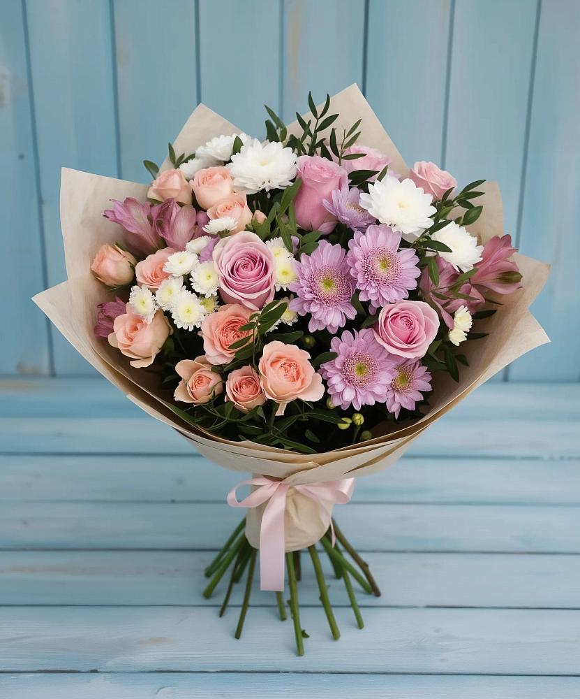 Букет цветов из: Хризантемы, Розы и Альстромерии в Шмелёнки