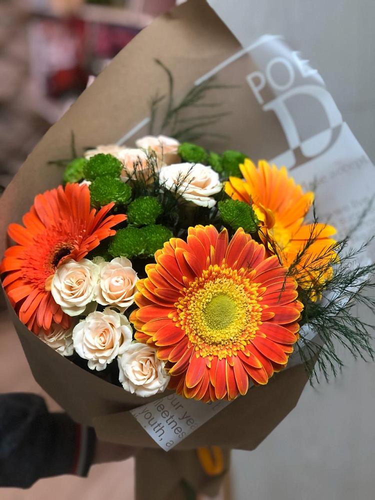Букет цветов из: Герберы, Хризантемы и Розы в Шмелёнки