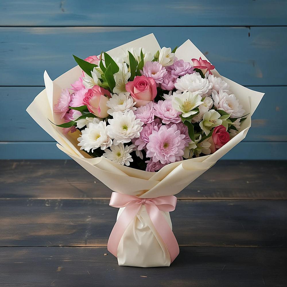 Букет цветов из: Хризантемы, Альстромерии и Розы в Шмелёнки